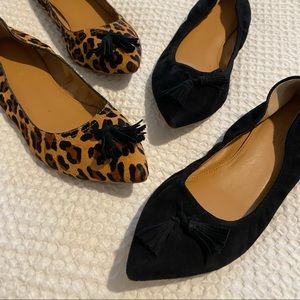 J Crew Pointed Stretch Tassel Flats 7 Black Suede Leopard Calf Hair - Both pair!